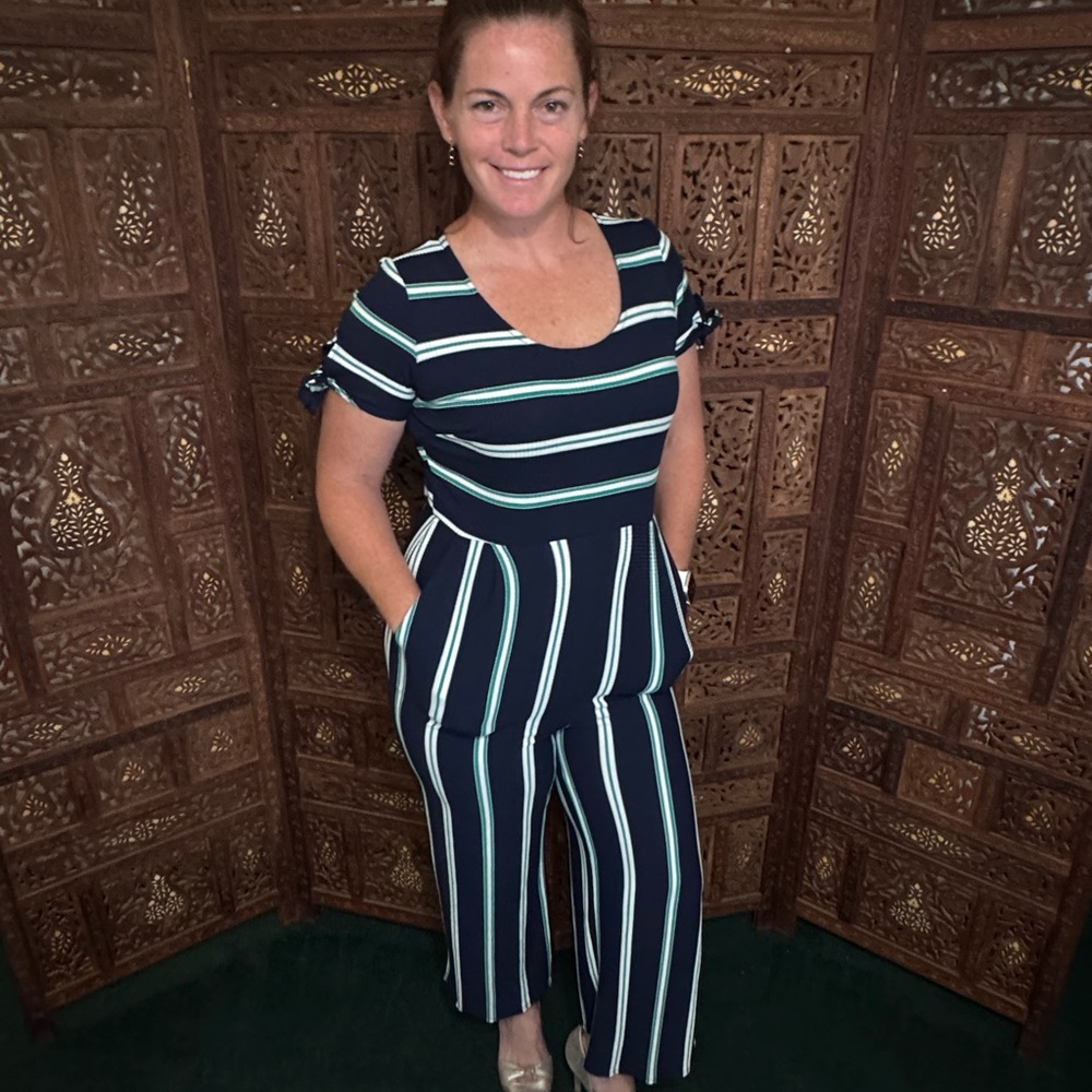 Jolt Navy and White Striped Romper with pockets and tie sleeves